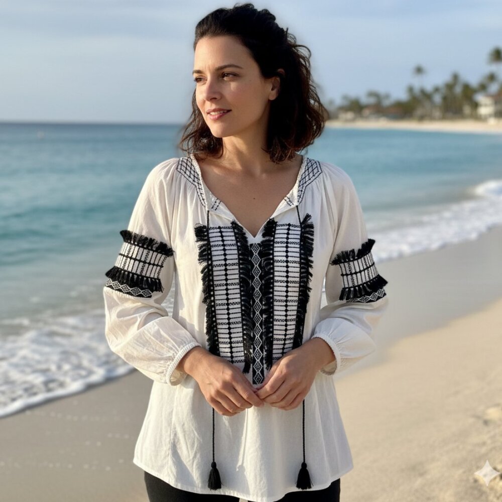 Figue Embroidered Peasant Blouse Womens Medium White Black Boho Tassel Top India - Picture 13 of 13